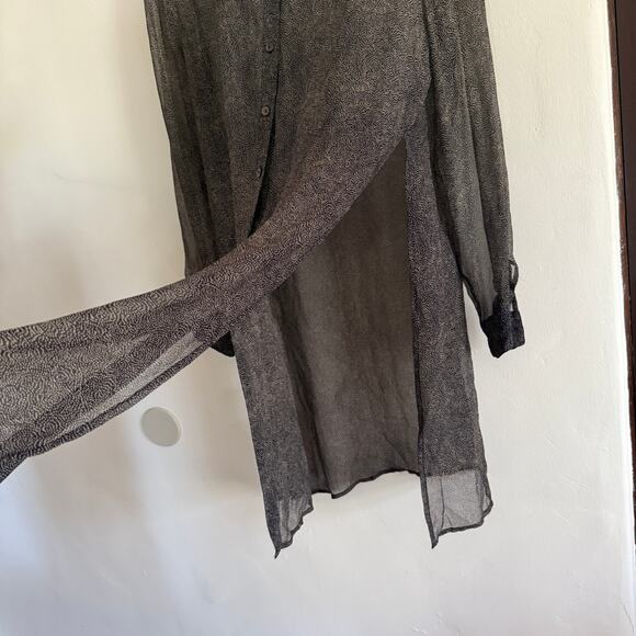 90s Vintage ROBBIE BEE | Navy and Tan Silk Chiffon Button Front Tunic Size 12 - Picture 6 of 7